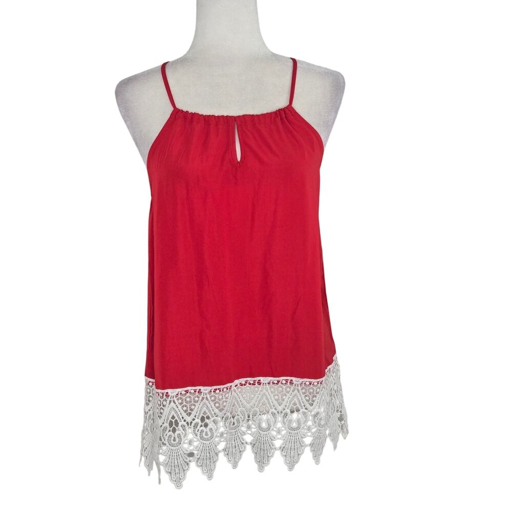 🏈 No Boundaries EUC crochet lace long drawstring top blouse Jrs Small red white
